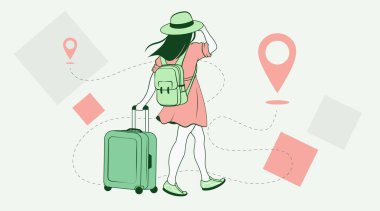 Bir kadın turist haritadaki bir güzergahın arka planına sahip bir bavul taşıyor.