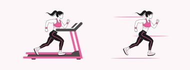 Spor kıyafetleri içinde genç bir kadının koşu bandında, koşu bandında ya da maratonda koşarkenki görüntüsü.