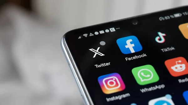 Birisi sosyal medya, kısa odak uzaklığı ve yeni logo X ile Twitter uygulamasına odaklanmak için bir telefon tutuyor.