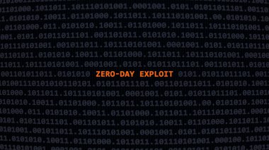 Cyber attack zero-day exploit. Vulnerability text in binary system ascii art style, code on editor screen. clipart