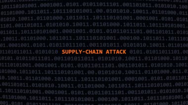 Siber saldırı ikmal zinciri saldırısı. İncinebilirlik metni ikili sistem ascii sanat tarzında, kod düzenleyici ekranda.
