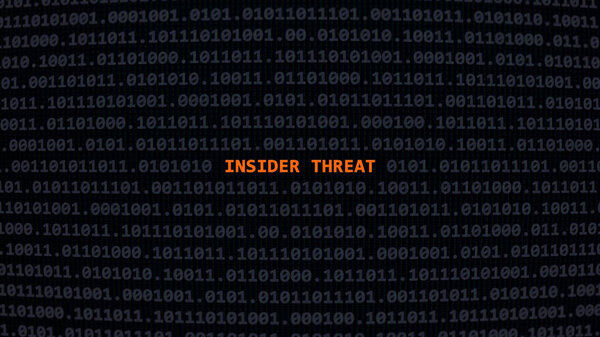 Cyber attack insider threat. Vulnerability text in binary system ascii art style, code on editor screen.