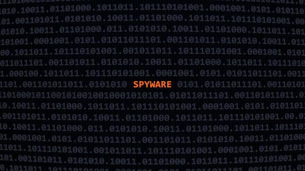 Кибератака шпионского ПО. Текст уязвимости в стиле бинарной системы ascii art, код на экране редактора.