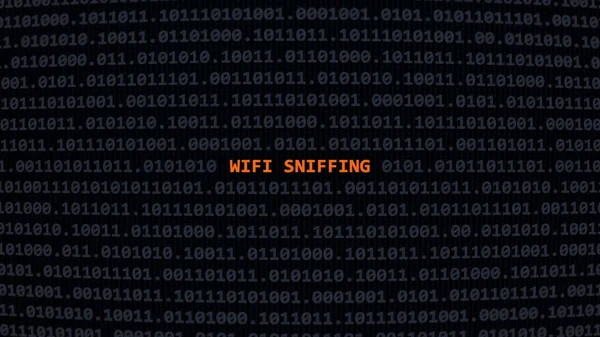 stock image Cyber attack wifi sniffing. Vulnerability text in binary system ascii art style, code on editor screen.