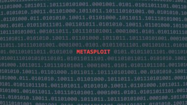 Siber saldırı metasploit. İncinebilirlik metni ikili sistem ascii sanat tarzında, kod düzenleyici ekranda. İngilizce metin, İngilizce metin