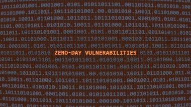 Cyber attack zero-day vulnerabilities. Vulnerability text in binary system ascii art style, code on editor screen. Text in English, English text clipart