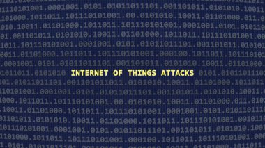 İnternette saldıran şeylerin siber saldırısı. İncinebilirlik metni ikili sistem ascii sanat tarzında, kod düzenleyici ekranda. İngilizce metin, İngilizce metin