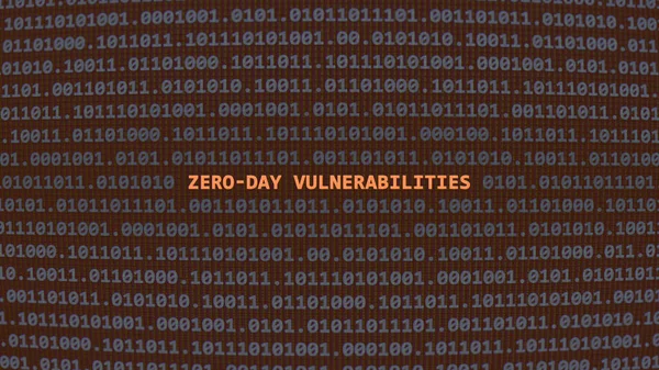 Siber saldırı sıfır gün savunmasızlığı. İncinebilirlik metni ikili sistem ascii sanat tarzında, kod düzenleyici ekranda. İngilizce metin, İngilizce metin