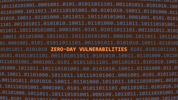 Cyber attack zero-day vulnerabilities. Vulnerability text in binary system ascii art style, code on editor screen. Text in English, English text