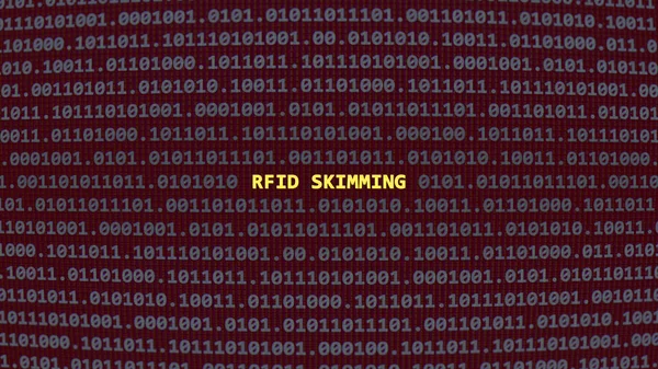 Cyber attack rfid skimming. Vulnerability text in binary system ascii art style, code on editor screen. Text in English, English text