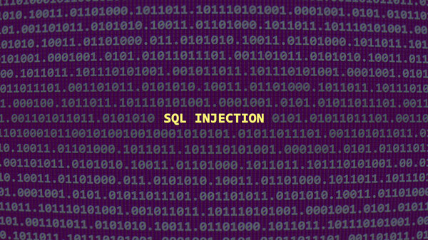 Cyber attack sql injection. Vulnerability text in binary system ascii art style, code on editor screen. Text in English, English text