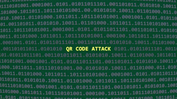 stock image Cyber attack qr code attack. Vulnerability text in binary system ascii art style, code on editor screen. Text in English, English text