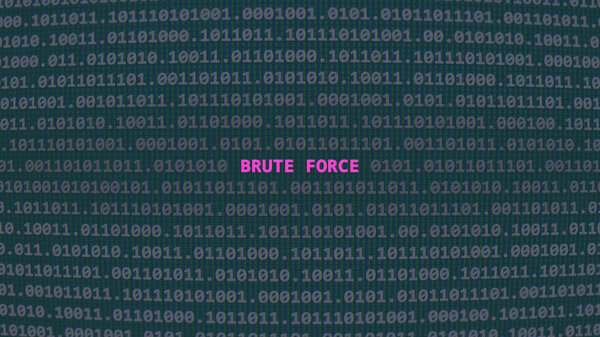 Кибератака грубая сила. Текст уязвимости в бинарной системе ascii art style, код на экране редактора. Текст на английском и английском языках