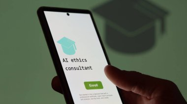28 Ağustos 2023. Bir öğrenci telefon tutar, ai etik danışmanlık programına katılmak için kurslara kaydolur, yeni yetenekler öğrenir ve sertifikayı geçer. İngilizce metin, İngilizce metin.