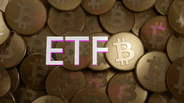 Birçok BTC parasının üzerindeki ETF kısaltmasına odaklan, bitcoin etf 3D illüstrasyon.