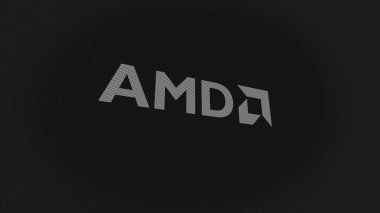 07 Eylül 2023 Santa Clara, Kaliforniya. Beyaz ekran duvarındaki AMD logosu. Bir aygıtta AMD damgası.