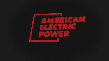 07 Eylül 2023 Columbus, Ohio. Beyaz ekran duvarında Amerikan Elektrik Gücü logosu. Bir cihazda Amerikan Elektrik Gücü damgası.