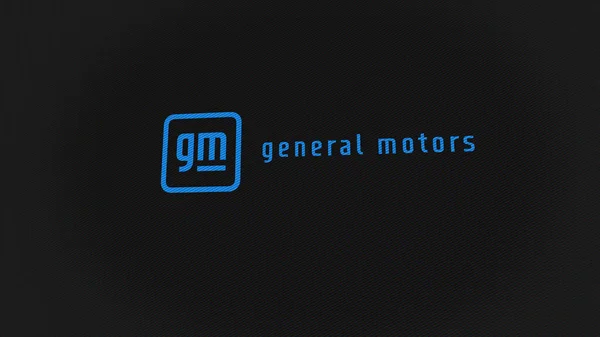 2023年9月7日密歇根州底特律通用汽车公司的标志在屏幕的白色墙壁上 通用汽车公司在设备上的品牌 — 图库照片
