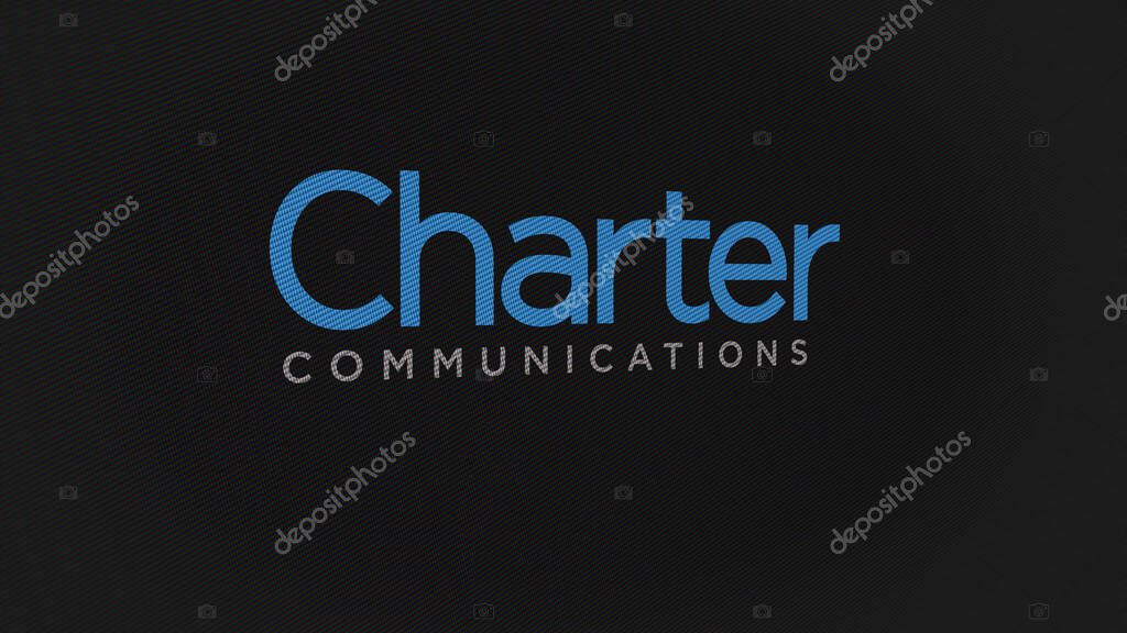 07th September 2023 Stamford, Connecticut. The logo of Charter Communications on a white wall of screens. Charter Communications brand on a device.