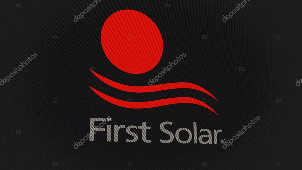 07th September 2023 Tempe, Arizona. The logo of First Solar on a white wall of screens. First Solar brand on a device.