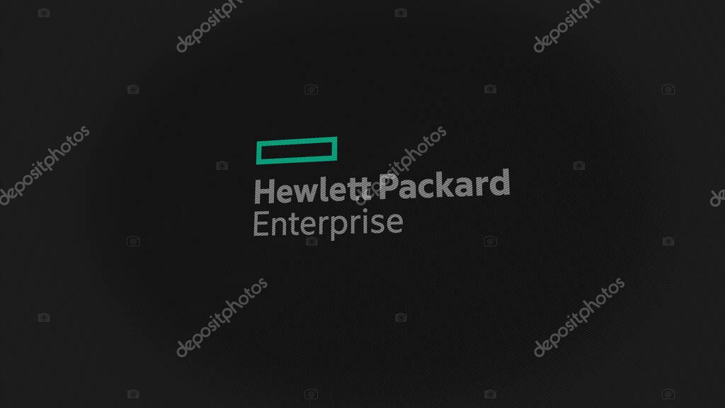 07th September 2023 Houston, Texas. The logo of Hewlett Packard Enterprise on a white wall of screens. Hewlett Packard Enterprise brand on a device.