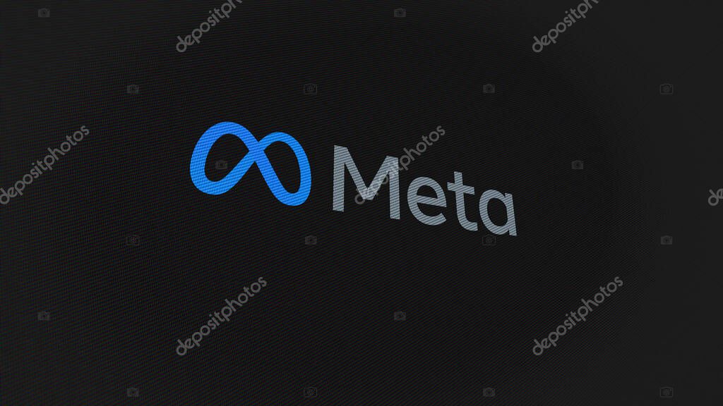 07th September 2023 Menlo Park, California. The logo of Meta Platforms on a white wall of screens. Meta Platforms brand on a device.