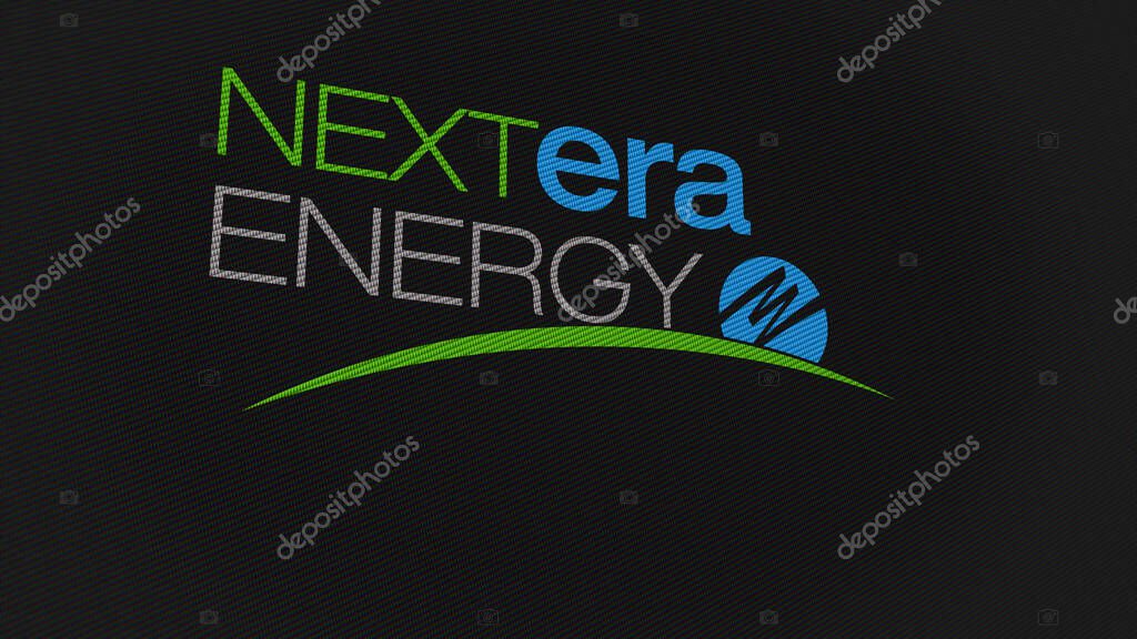07th September 2023 Juno Beach, Florida. The logo of NextEra Energy on a white wall of screens. NextEra Energy brand on a device.