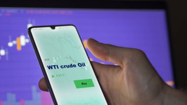 Ekrandaki ham petrol fonunu analiz eden bir yatırımcı. WTI ham petrol fiyatlarını gösteren bir telefon