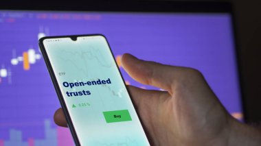 Açık uçlu vakıf fonunu perdede analiz eden bir yatırımcı. Açık uçlu fonların fiyatlarını gösteren bir telefon