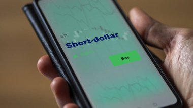 Ekrandaki kısa vadeli etf fonunu analiz eden bir yatırımcı. Kısa doların fiyatlarını gösteren bir telefon