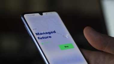 Bir yatırımcı, yönetilen gelecekteki ETF fonunu ekranda analiz ediyor. Bir telefon yönetilen geleceğin fiyatlarını gösterir