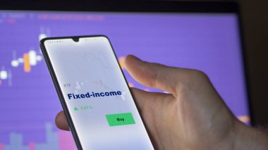 Ekrandaki sabit gelirli etf fonunu analiz eden bir yatırımcı. Sabit gelirin fiyatlarını gösteren bir telefon