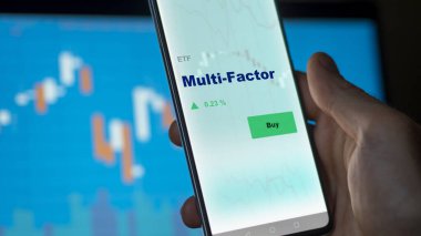 Ekrandaki çok faktörlü etf fonunu analiz eden bir yatırımcı. Bir telefon Çoklu çarpanların fiyatlarını gösterir