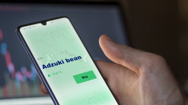 Ekrandaki adzuki fasulye fonunu analiz eden bir yatırımcı. Adzuki fasulyesinin fiyatlarını gösteren bir telefon.