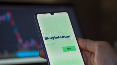 Ekrandaki molibdenum etf fonunu analiz eden bir yatırımcı. Molybdenum 'un fiyatlarını gösteren bir telefon