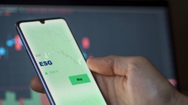 Ekranda ESG fonunu analiz eden bir yatırımcı. ESG 'nin fiyatlarını gösteren bir telefon