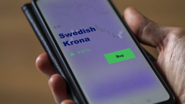 Bir yatırımcı ekranda İsveç Krona etf fonunu analiz ediyor. İsveç Krona 'sının fiyatlarını gösteren bir telefon.