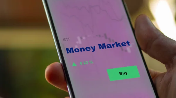 Een Investeerder Die Het Geldmarktfonds Een Scherm Analyseert Een Telefoon — Stockfoto