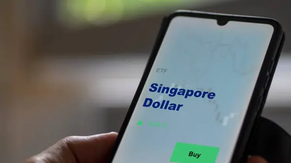 stock image An investor analyzing the singapore dollar etf fund on a screen. A phone shows the prices of Singapore Dollar