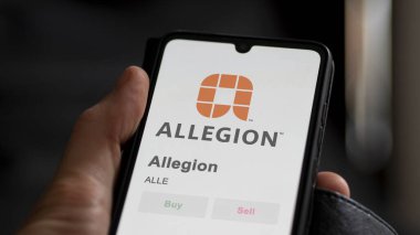 Bir değiş tokuş ekranında Allegion 'un logosu. Allegion hisse senetleri, cihaz için ALLE $.