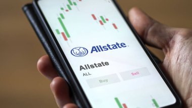 Değiş tokuş ekranında Allstate 'in logosu. Tüm eyalet hisse senetleri, bir cihaza $All.