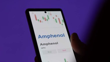 Değiş tokuş ekranında Amphenol logosu var. Amphenol fiyat hisseleri, bir aygıt için APH $.