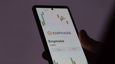 Değişim ekranındaki Enphase logosu. Enphase fiyat hisseleri, bir aygıt üzerinde ENPH $.
