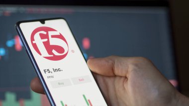 Değiş tokuş ekranında F5 'in logosu. F5, Inc fiyat hisseleri, bir cihaza FFIV $.