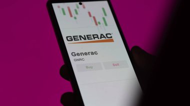 Değiş tokuş ekranındaki Generac logosu. Jenerasyon fiyat hisseleri, bir cihazda GNRC $.