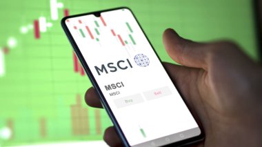 Bir değiş tokuş ekranında MSCI logosu. MSCI hisse senetleri, bir cihazda $MSCI.