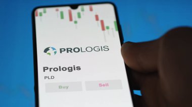 Prologis logosu bir değiş tokuş ekranında. Prologis fiyat hisseleri, bir aygıt için PLD $.