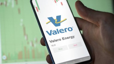 Bir değiş tokuş ekranında Valero Enerji logosu. Valero Enerji Fiyat Hisseleri, bir cihaza VLO $.