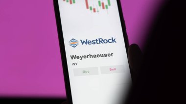 Weyerhaeuser 'ın logosu bir değiş tokuş ekranında. Weyerhaeuser hisse senetleri, bir cihaza WY $.