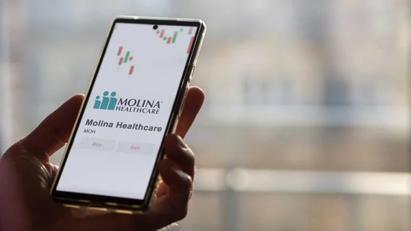 Stock image The logo of Molina Healthcare on the screen of an exchange. Molina Healthcare price stocks, $MOH on a device.